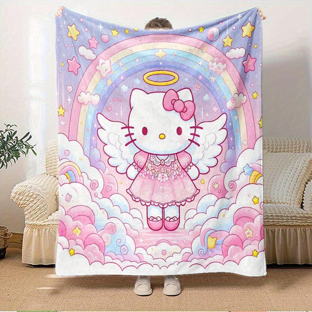 1pc Hello Kitty Angel Wings Rainbow Cloud Star Design Home Flannel Blanket - Seasonal Universal Comfortable Washable Gift for All Ages, Perf