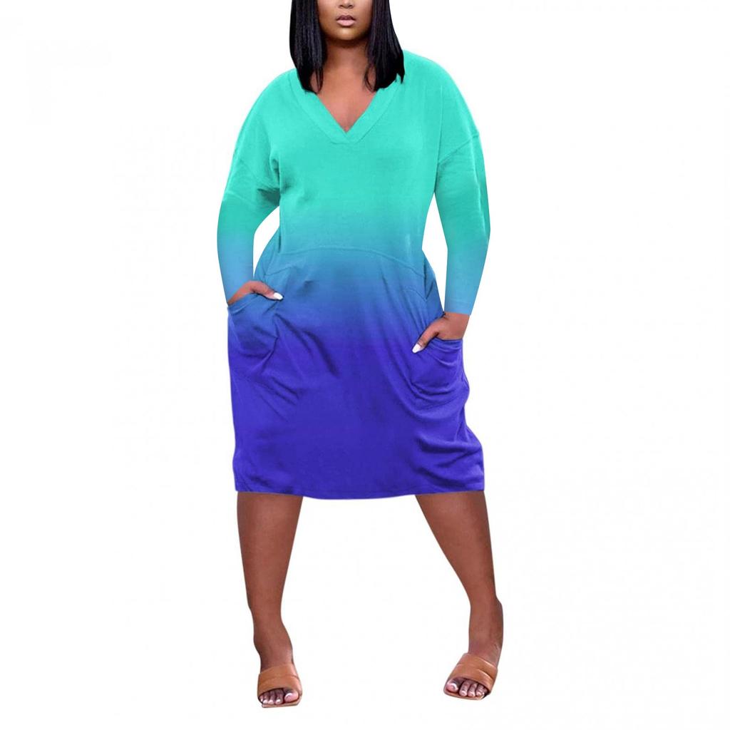 Women's Summer Plus Size V Neck Long Sleeve Knee Pocket Casual Dress
