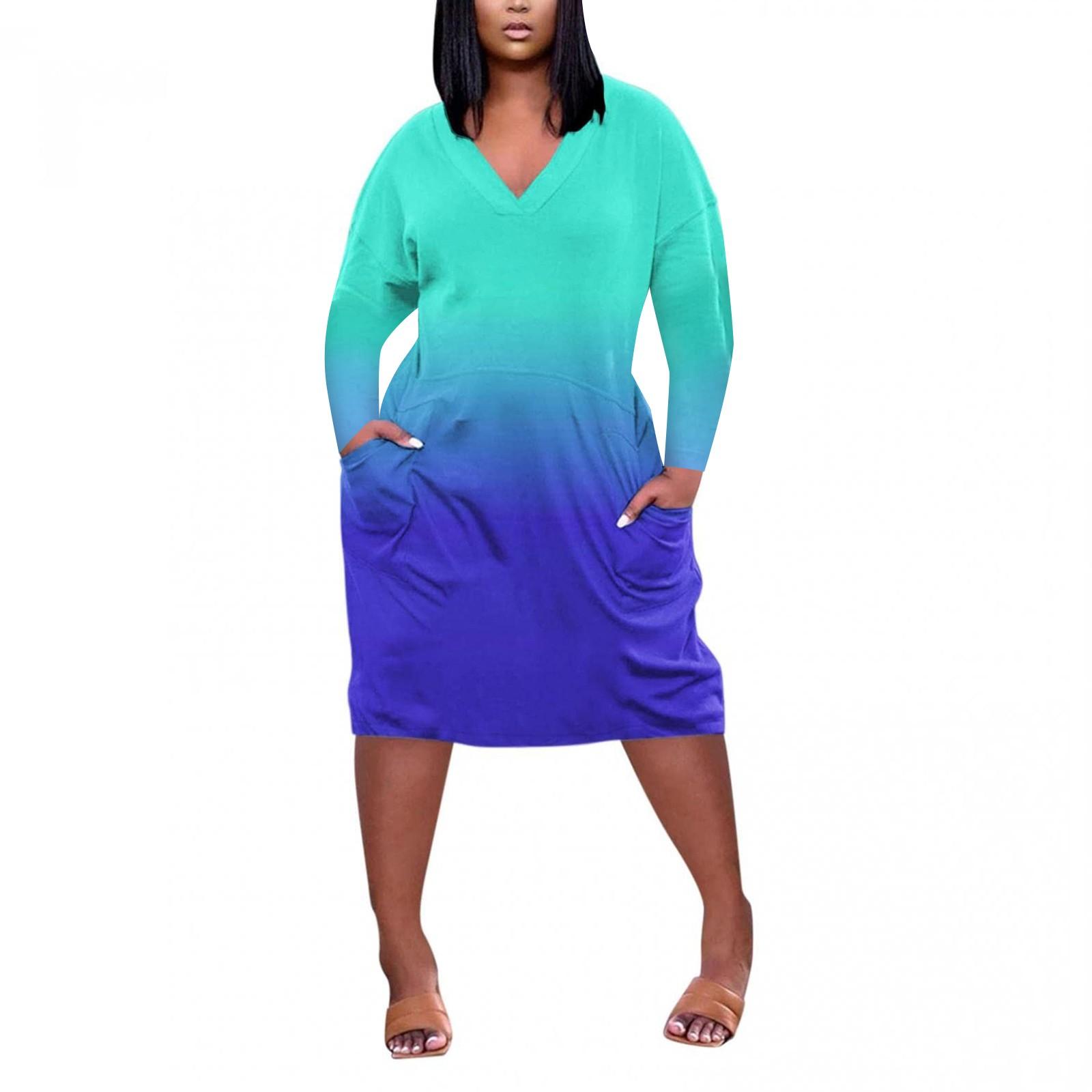 Women s Summer Plus Size V Neck Long Sleeve Knee Pocket Casual Dress XXL синий