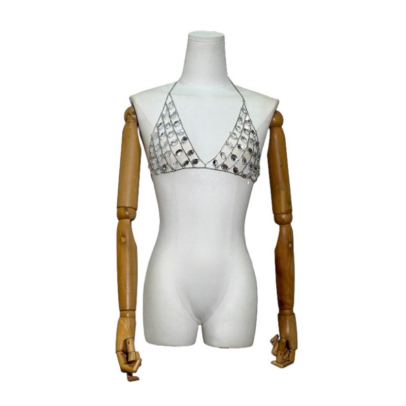 Rhinestone Tassel Body Chain Bikini Halter Bra - European & American Beachwear for Women