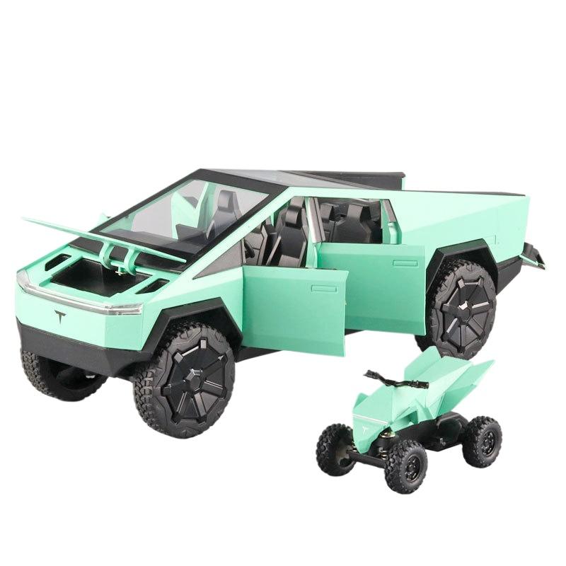 

1/24 Tesla Cybertruck Pickup with Motorcycle Alloy Car Model Diecast Toy Vehicle Sound and Light Simitation Cars Model Toys Gift зелений