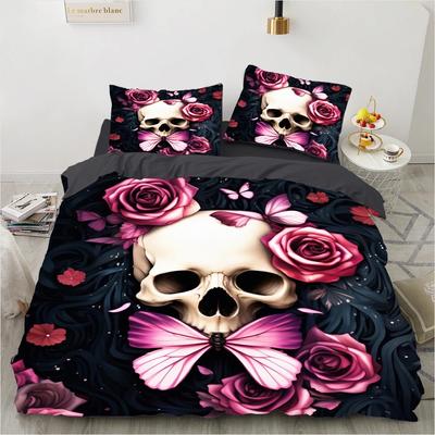 Pink Rose Skull Duvet Cover Set Twin Single Queen King Size Halloween Bedding Set Teen Adult Kids Children Bed Linen Qulit Cover