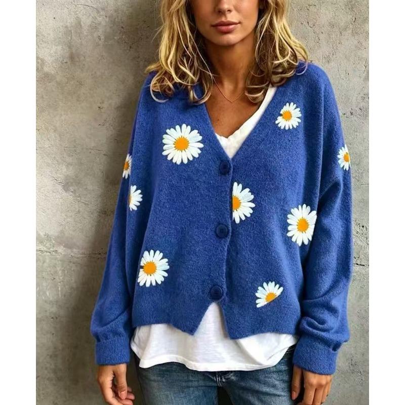 Cardigan Maglione da Donna S con Scollo a V e Manica Lunga a Maglia con Motivo Floreale