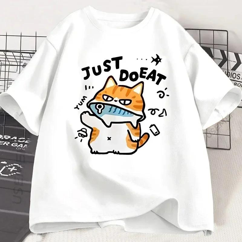 Funny Cat Eat Fish T-shirt for Women Summer Tops Tshirts O-neck Women Clothing Streetwear Short Sleeve Fashion Street Clothes