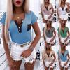 2023 Lente Zomer Knopen T-shirt Dames V-hals Slim Tee Korte mouw Mode Dames Kantoor Tops Effen Casual T-shirt Top 25075