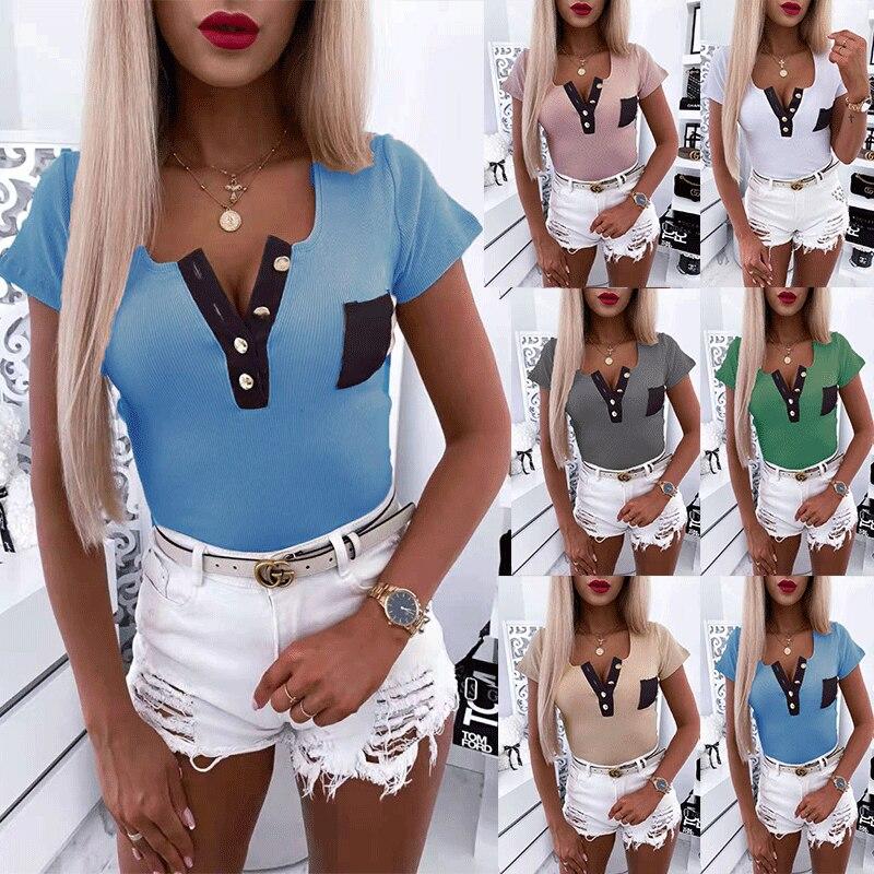 2023 Lente Zomer Knopen T-shirt Dames V-hals Slim Tee Korte mouw Mode Dames Kantoor Tops Effen Casual T-shirt Top 25075
