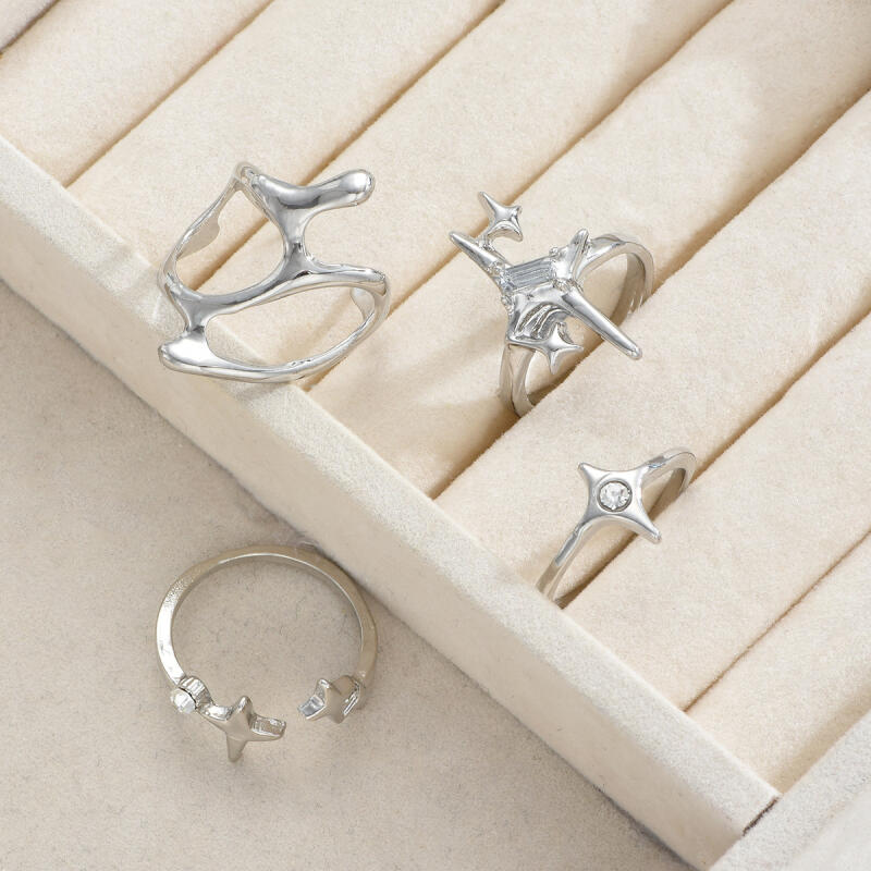 4 Stück/Set Gothic Unregelmäßige Geometrische Sternen-Öffnungsringe für Damen Herren Mode Persönlichkeit Punk-Ringe Party Schmuck Zubehör