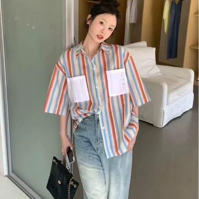 

Striped Short Sleeved Shirt for Women Summer Loose Casual Female s Cardigan Tops Thin Single Breasted Versatile Clothing M
