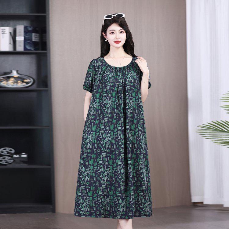 Summer 2026 Plus Size Cotton Silk Long Dress for Middle-Aged Women