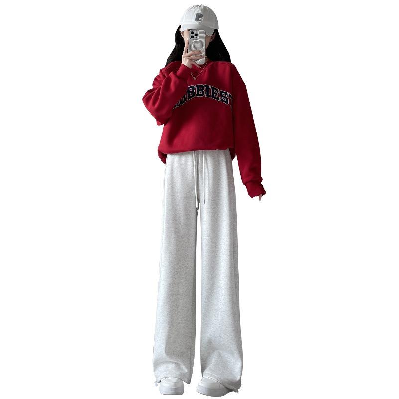 Sweatpants women's autumn and winter new velvet loose tied feet straight gray sweatpants casual thickened wide-leg pants