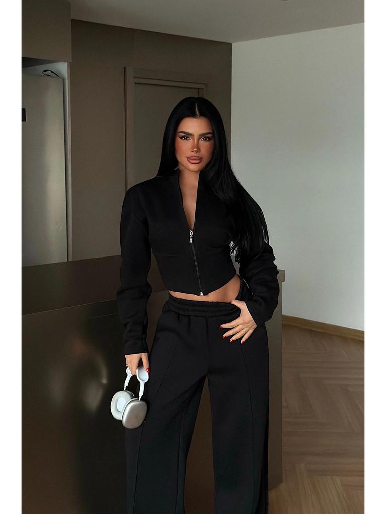 European Casual Women's Sexy Zipper Cardigan & Lace-Up Pants Set - Spring/Autumn Wear