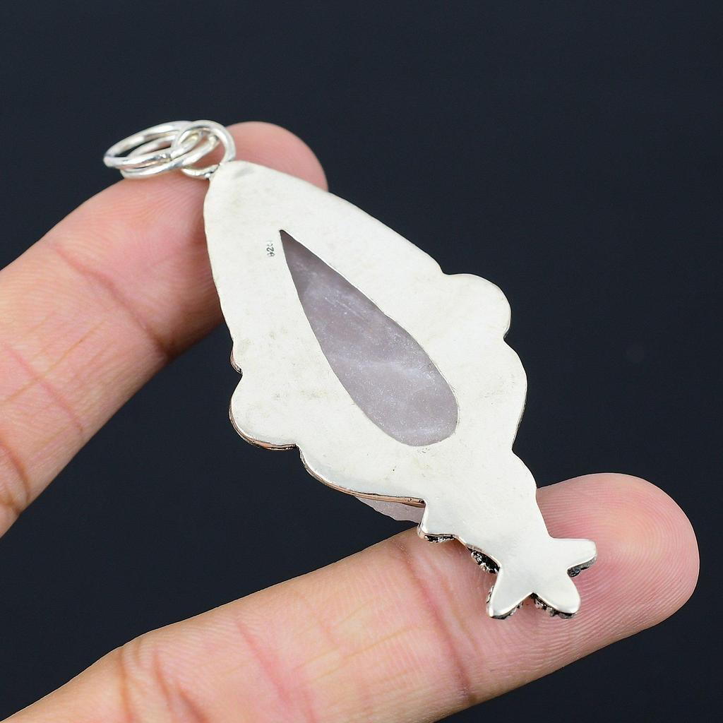 Natural Rose Quartz Rough Gemstone Pendant Flower 925 Sterling Silver For Women