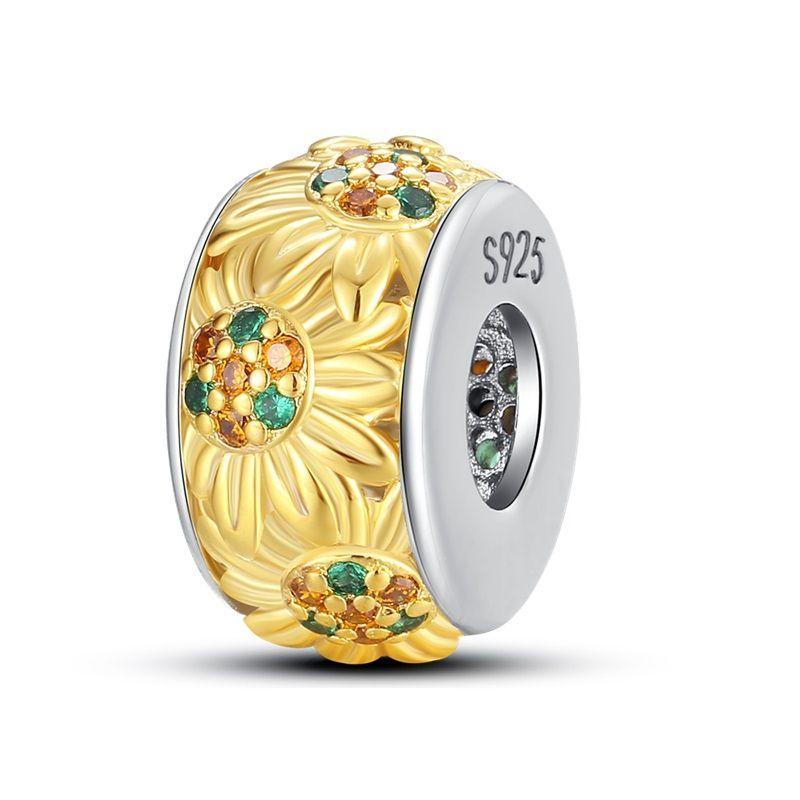New 925 Silver Fashion Golden Sunflowers Heart Charms Beads Fit 925 Bracelets Luxury Party DIY Jewelry