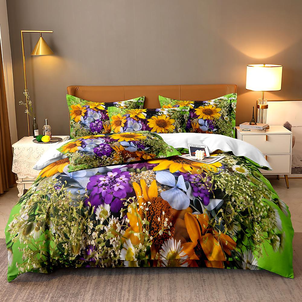 High-value beautiful flower digital printing bedding twill universal double quilt cover three-piece set 3Pcs