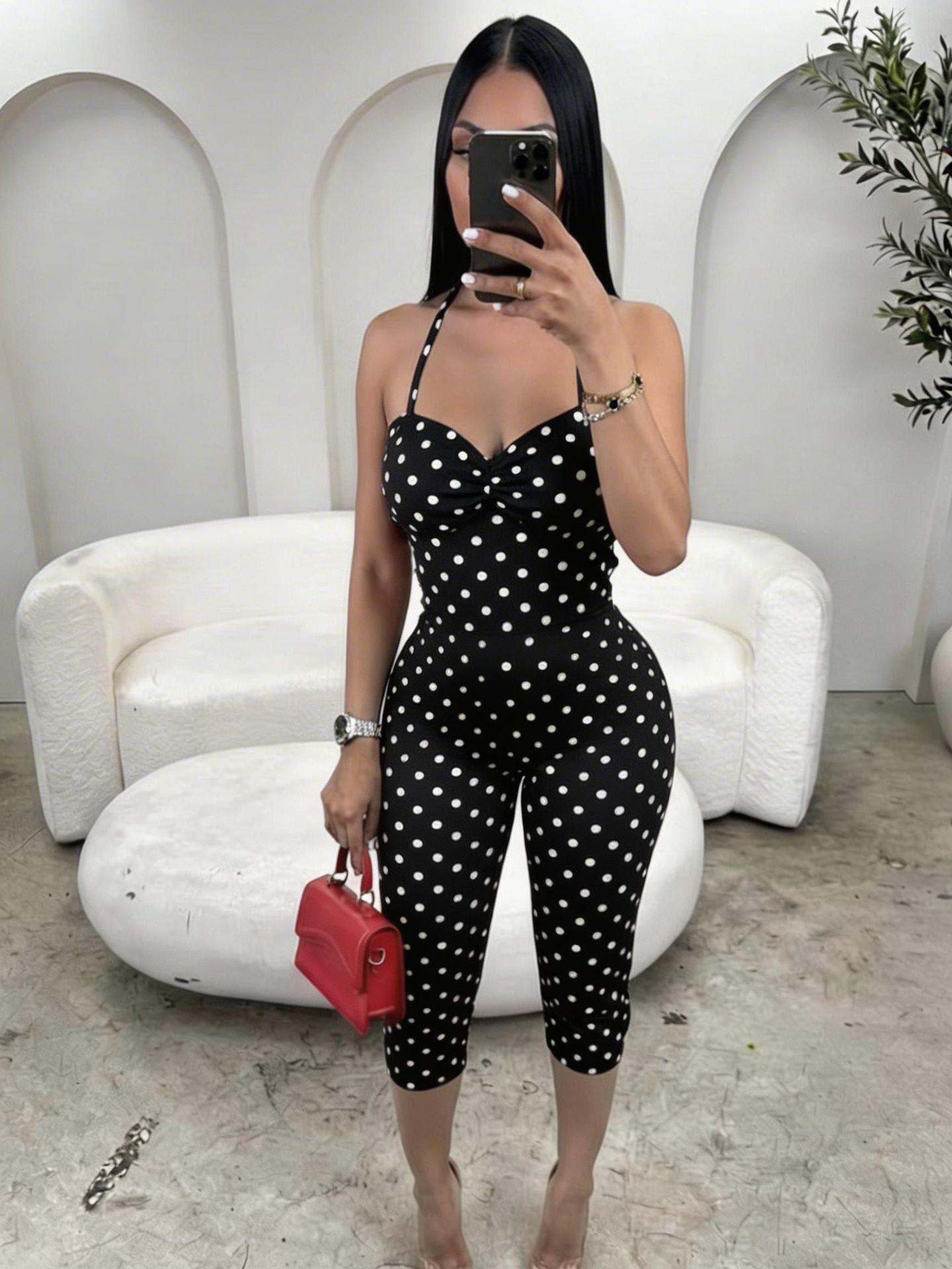 

Retro Polka Dot Halter Neck Low Cut Slim Stretchy Jumpsuit Romper S чорний