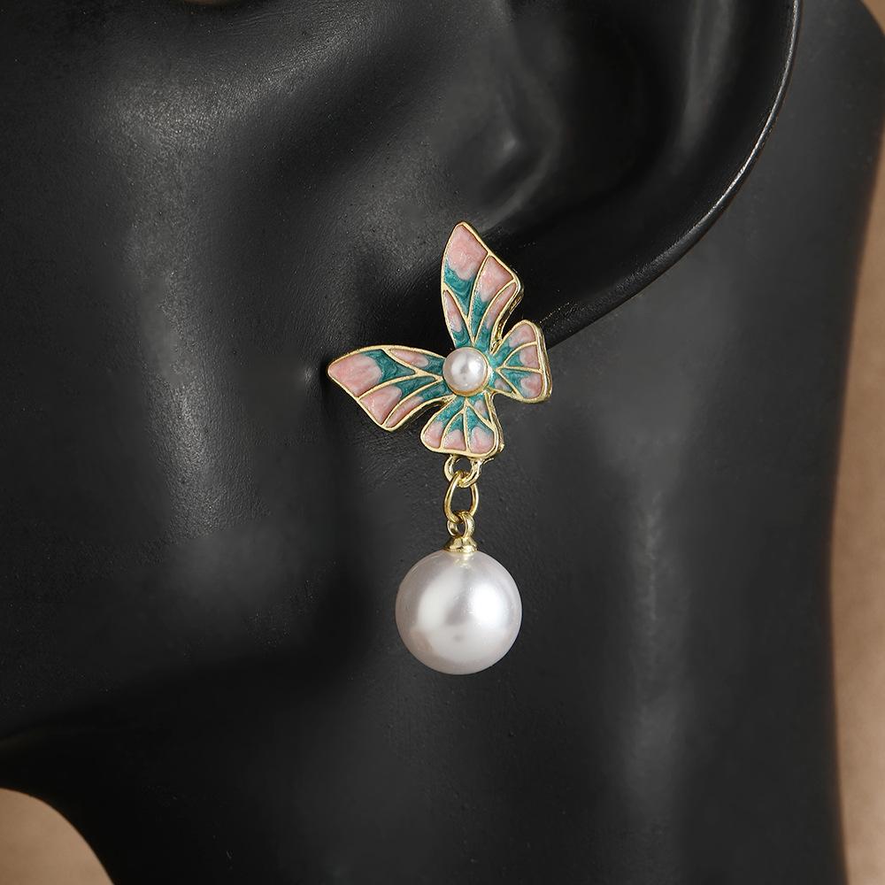 Enamel Oil Painting Gradual Change Flower Earrings Women'S Retro French Temperament Pearl Earrings Light Luxury Niche Versatile Ear Jewelry
