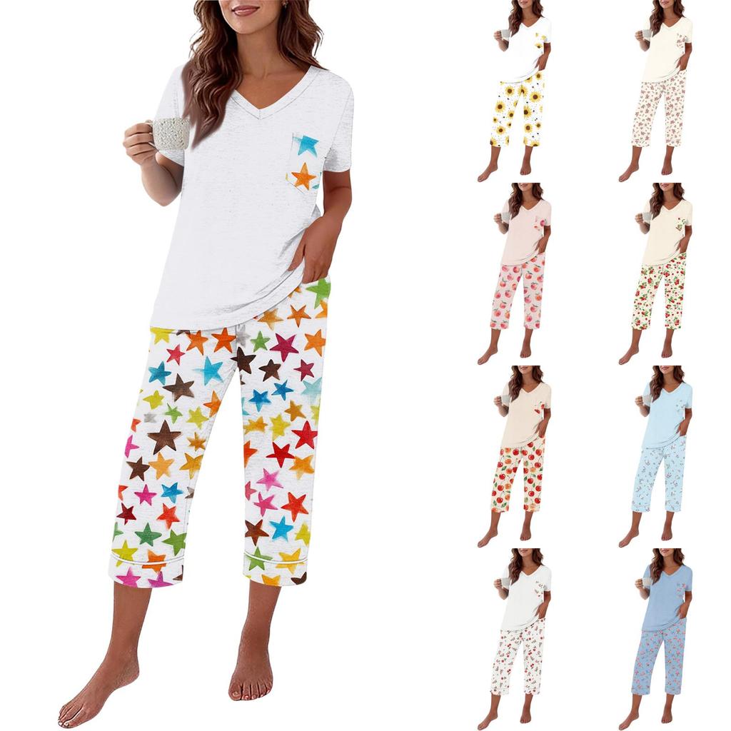 Damen Freizeit Locker geschnittenes Kurzarm V-Ausschnitt T-Shirt und Capri-Hosen Set mit Fruchtprint Bequemes Hausanzug Lounge Schlafanzug Set