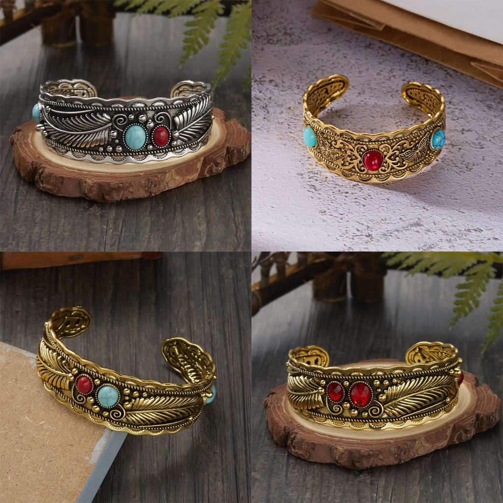 Style Oval Turquoise Bracelet With Vintage Two Tone Leaf Design For Women