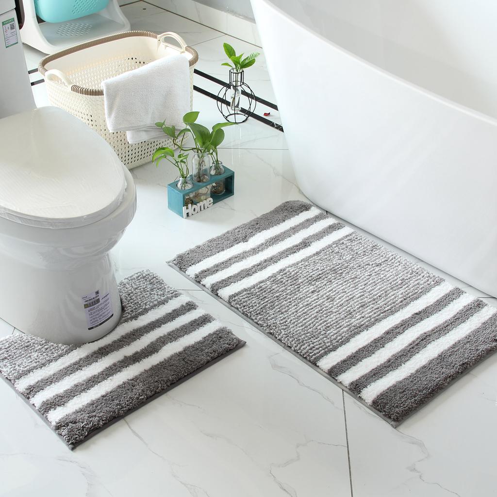 Striped Microfiber Bathroom Carpet Set 2-piece,waterproof,non-slip and Quick Drying,machine washable,TPR Backing, Medium Velvet