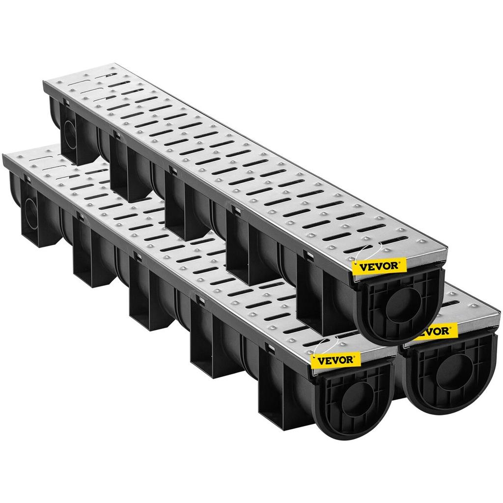 Trench Drain System, Channel Drain with Metal Grate, 150x130 Mm HDPE Drainage Trench, Black Plastic Garage Floor Drain, 3x39 Trench Drain Grate, with