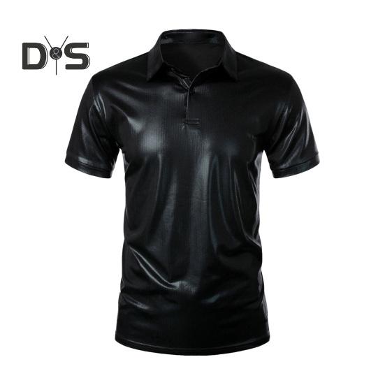 

Летняя мужская футболка с отложным воротником, глянцевая бронзовая поверхность, металлические однотонные пуговицы, короткие рукава, пуловер средней длины, для клубных вечеринок, повседневный топ 2XL чёрный