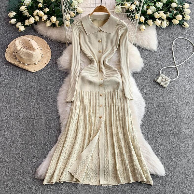 Women Dress Autumn Winter Vintage Turn-down Collar Long Sweater Dress Elegant Office Lady Dresses Chic Party Vestidos