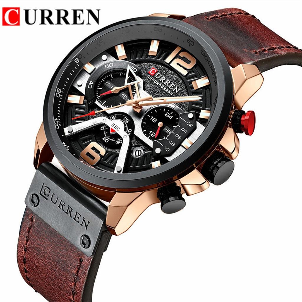 CURREN Men s Business Leather Strap Watch Waterproof Quartz Chronograph Date Display Three Sub-Dials Six Hands Casual Wristwatch One Size