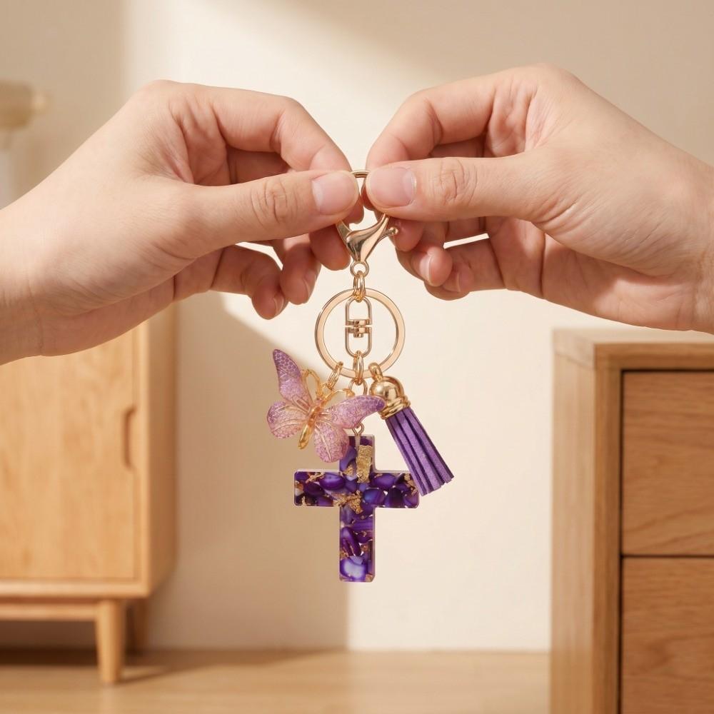 Resin Cross Pendant Keychain Sequin Bag Hanging Fashion Butterfly Keychain Key Decor