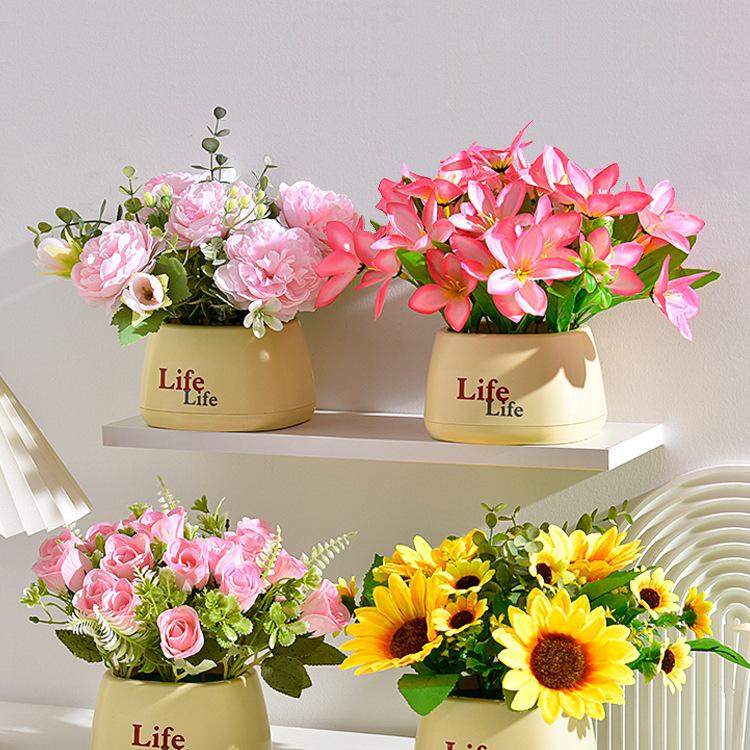Sunflower Artificial Flower Arrangement - Small Bonsai Plastic Bouquet for Living Room or Dining Table Decor