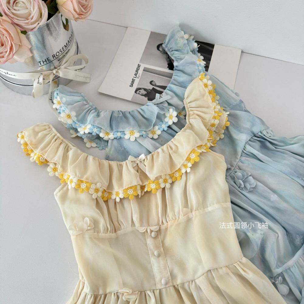 Blue Square Neck Chiffon Printed Small Flying Sleeve Suspender Dress Women's Sweet Waist Thin Long Dress Dress