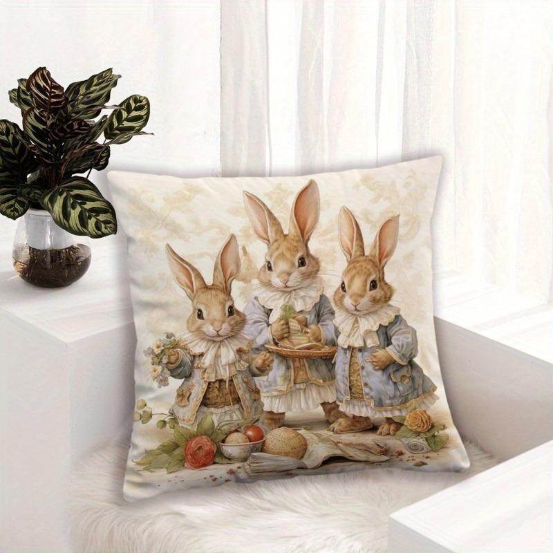 Vintage Easter Bunny Family Pillow Cover Victorian Style Floral Decor Soft Cozy For Sofa Bed Living Room Spring Easter Gifts
