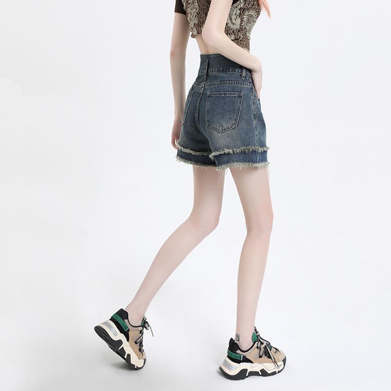 Women's High Rise Denim Shorts Wide Leg Loose Fit Streetwear Frayed Raw Hem A Line Hot Pants Vintage Non Stretch Summer Shorts