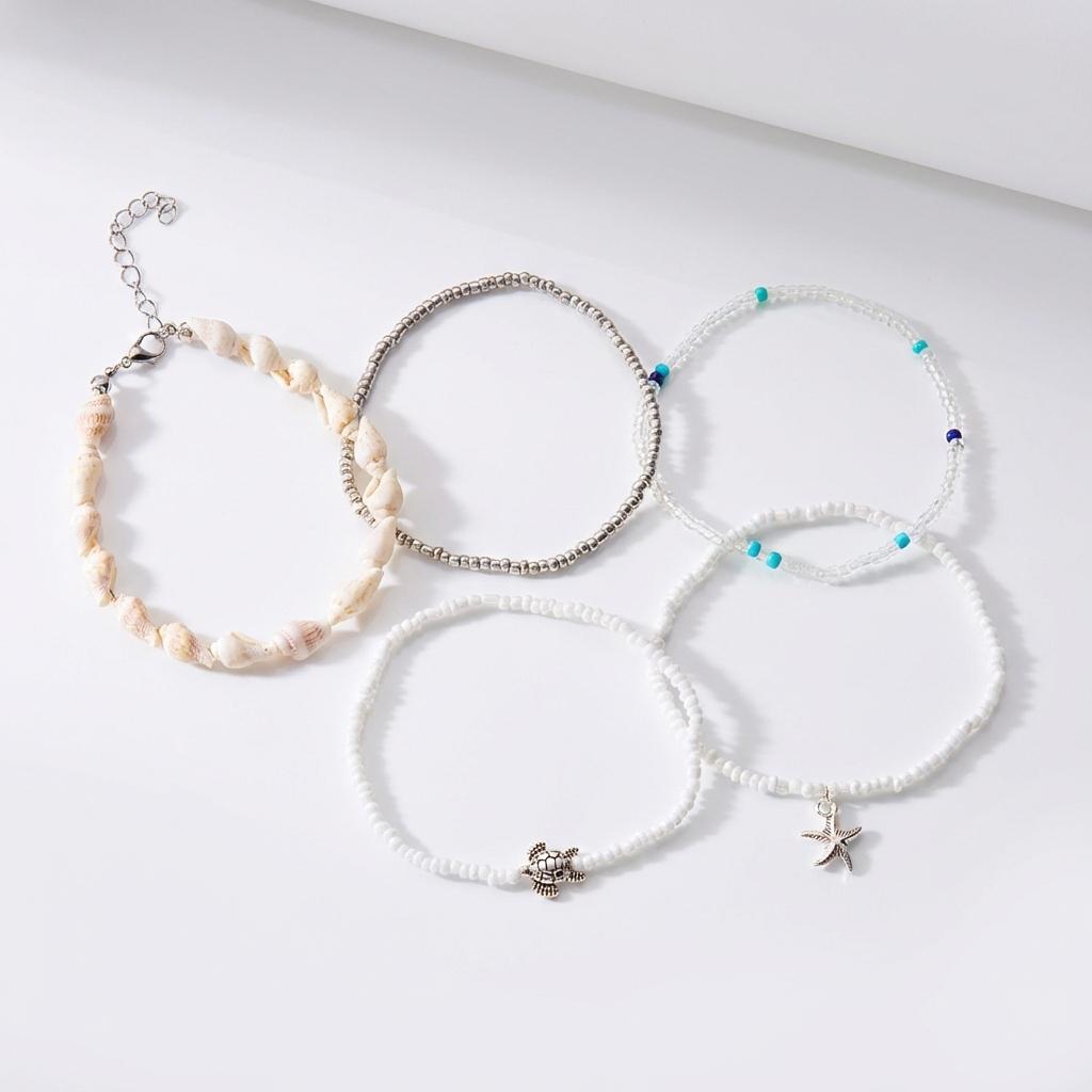 5Pcs Ocean Inspired Layered Anklet Set for Women Beach Conch Starfish Turtle Charm Foot Jewelry Summer Vacation Accessories