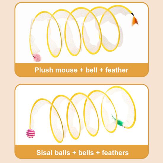 Self Play Cat Tunnel Spring Toy Collapsible Cat Hunting Spiral Tunnel with Feather And Mouse/Ball for Indoor Cats Puppy Kitten Rabbit