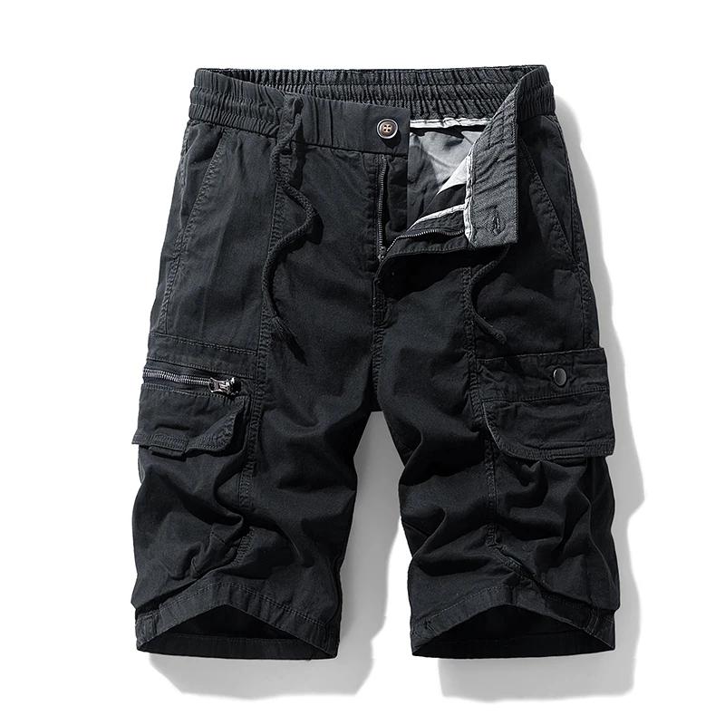 Summer Solid Cargo Shorts Men Loose Casual Cotton Multi Pocket Loose Knee Length Trousers Male Jogger Sports Zipper Fly Shorts