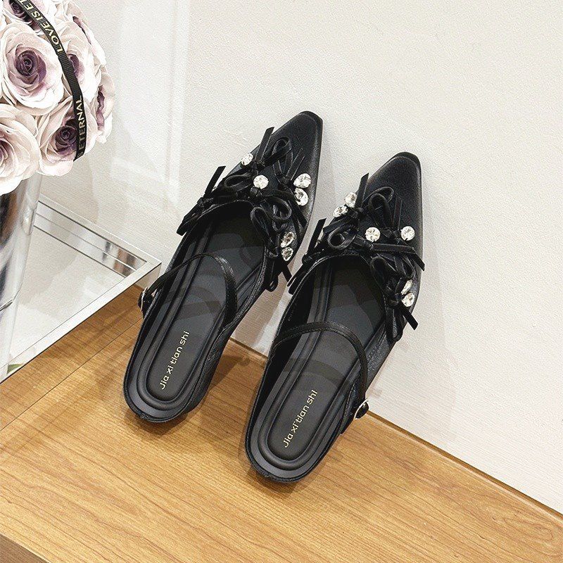 2025 early spring new French heightening pointed bag slippers women's shoes summer 2025 new bow rhinestones
