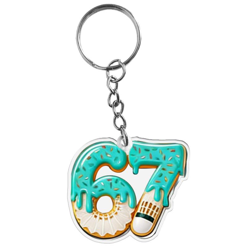 2D Flat Acrylic Keychain Cute Blue Icing Donut 67 Badminton Pattern Non-Fading Key Decor for Backpack Pendant
