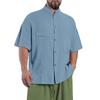 Men's Solid Color Stand Collar Double Pocket Cotton Linen Short Sleeve Button Shirt