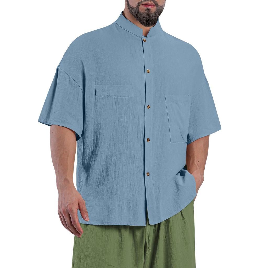 Men's Solid Color Stand Collar Double Pocket Cotton Linen Short Sleeve Button Shirt