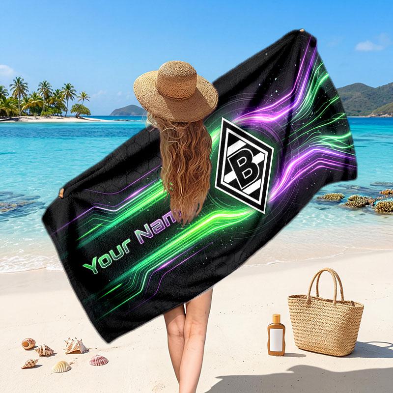 Borussia Mönchengladbach Custom Beach Towel, Personalized Name Text Print, Football Logo Soft Quick‑Dry Towel Holiday Gift