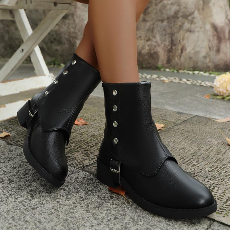 Fall New Block Heel Single Boots Women's Round Toe Sleeve Studded Metal Buckle Non-Slip Soft Sole Booties