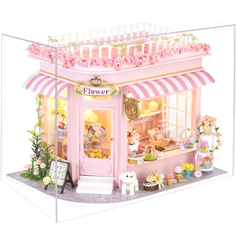 moin moin Dollhouse Miniature DIY Kit Scale Instructions Pink Flower Shop Antique Design with Cherry and Rose LED Light Music Box Acrylic Case Set,