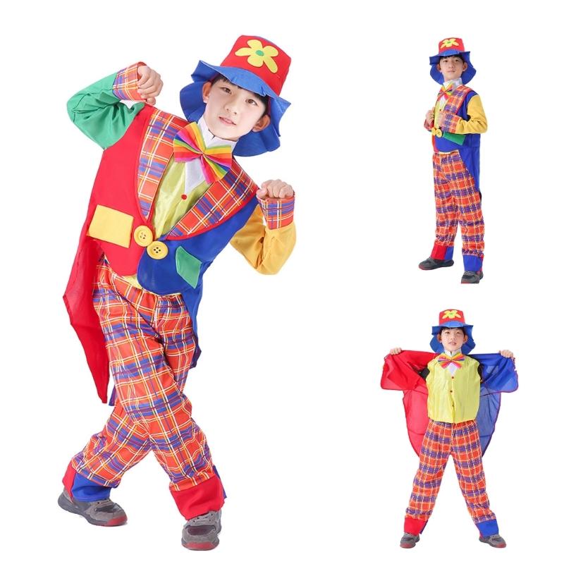 Zestaw Kostiumu Klauna dla Dzieci 5 Sztuk Zawiera Płaszcz Spodnie Buty Klauna Kapelusz Klauna Akcesoria do Kostiumu Klauna na Halloween Cosplay