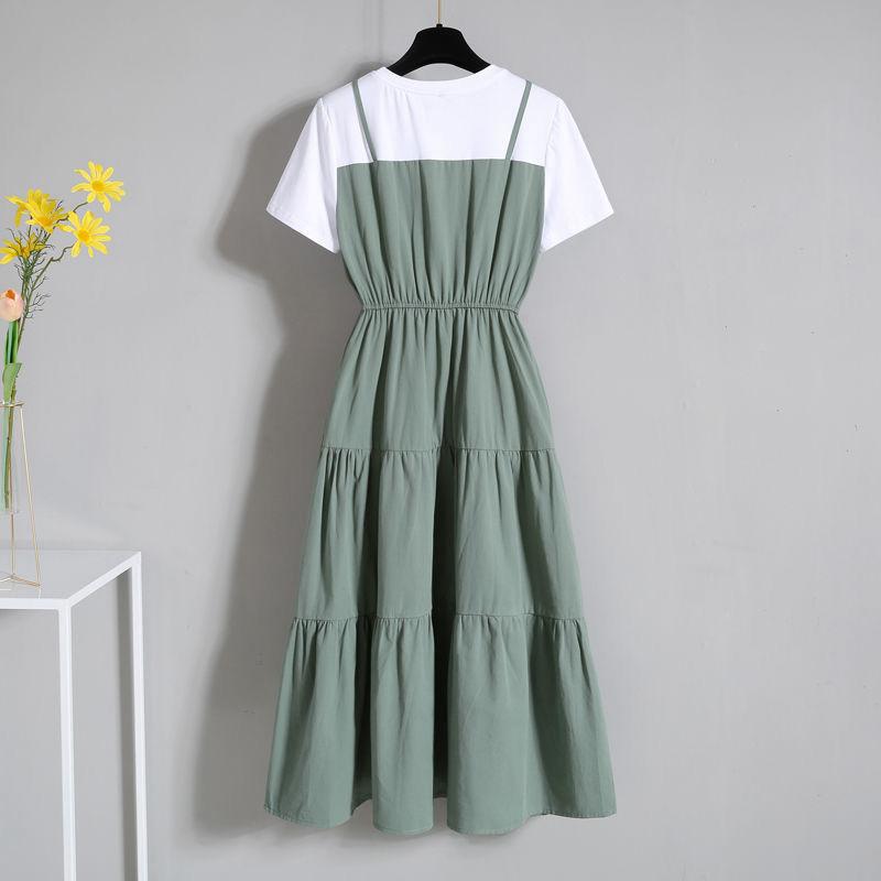 Fashion Strap Fake Two Piece Dress Block Summer Short Sleeved Dress Women's Waist Tight Dress