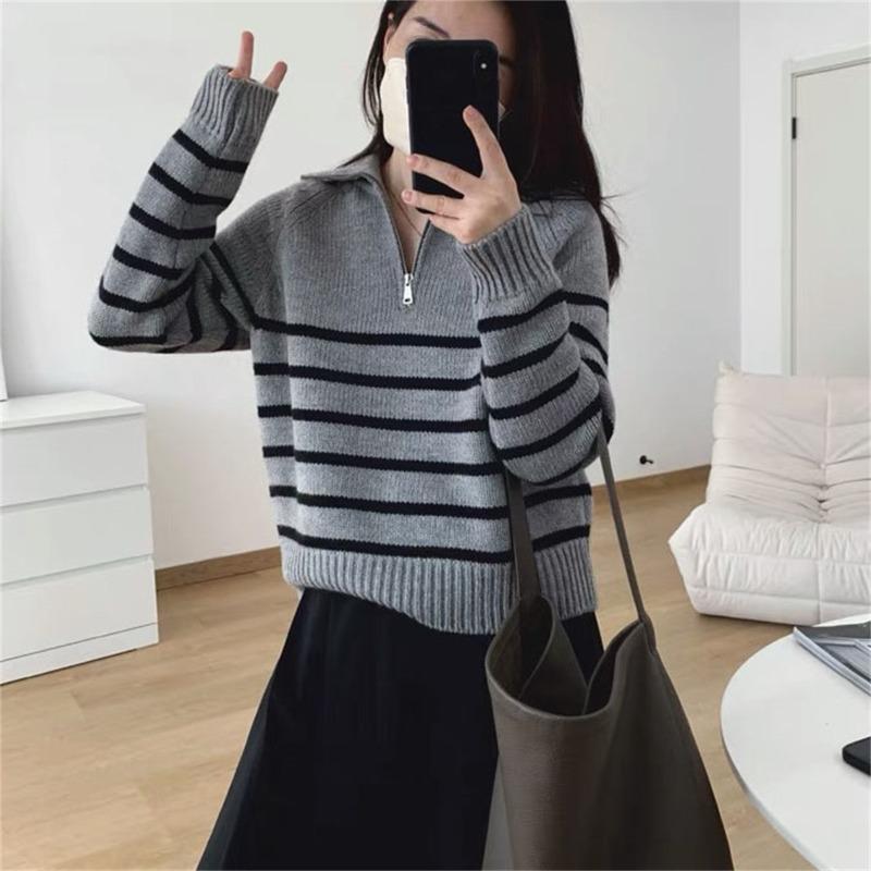 Half zipper striped pullover sweater women's loose short lazy style versatile knitted sweater autumn and winter new