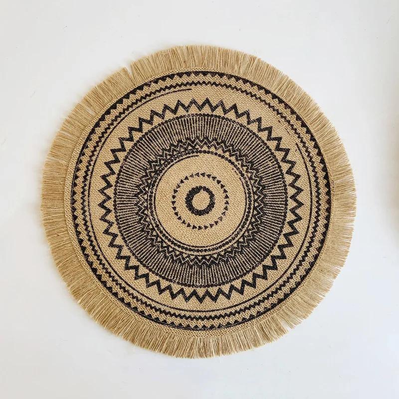 Boho Round Placemat 15 Inch,Farmhouse Woven Jute Fringe TableMats with Pompom Tassel Place Mat for Dining Room INS Table Decors