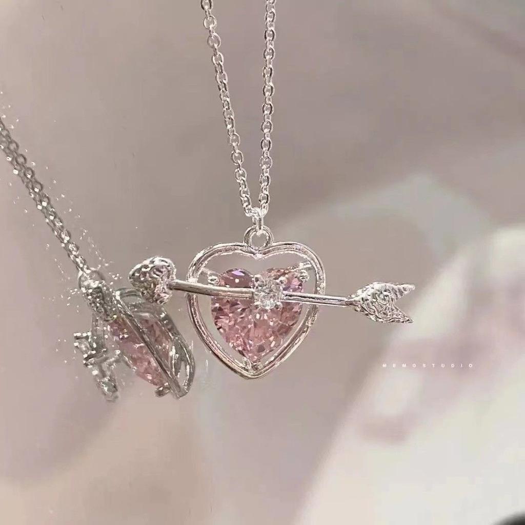 RUI RUI YU Pink One Arrow Heart Pierced Necklace Love Necklace Bracelet Two Piece Set Light Color Luxury Pendant Necklace Female Gift