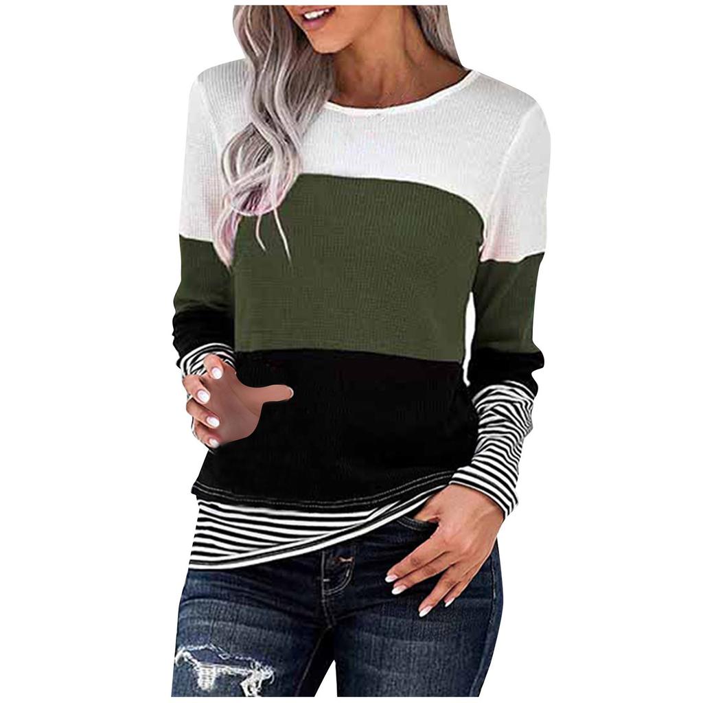 Winter Women's Long-Sleeved Striped  Stitching Sweatershirt Tops