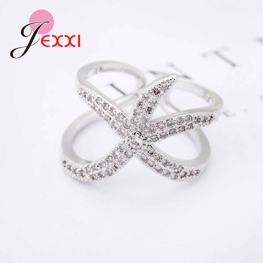 Newest Original 925 Sterling Silver Adjustable Ring Big Starfish Paved Shiny White Crystals Opening Rings Women Accessory