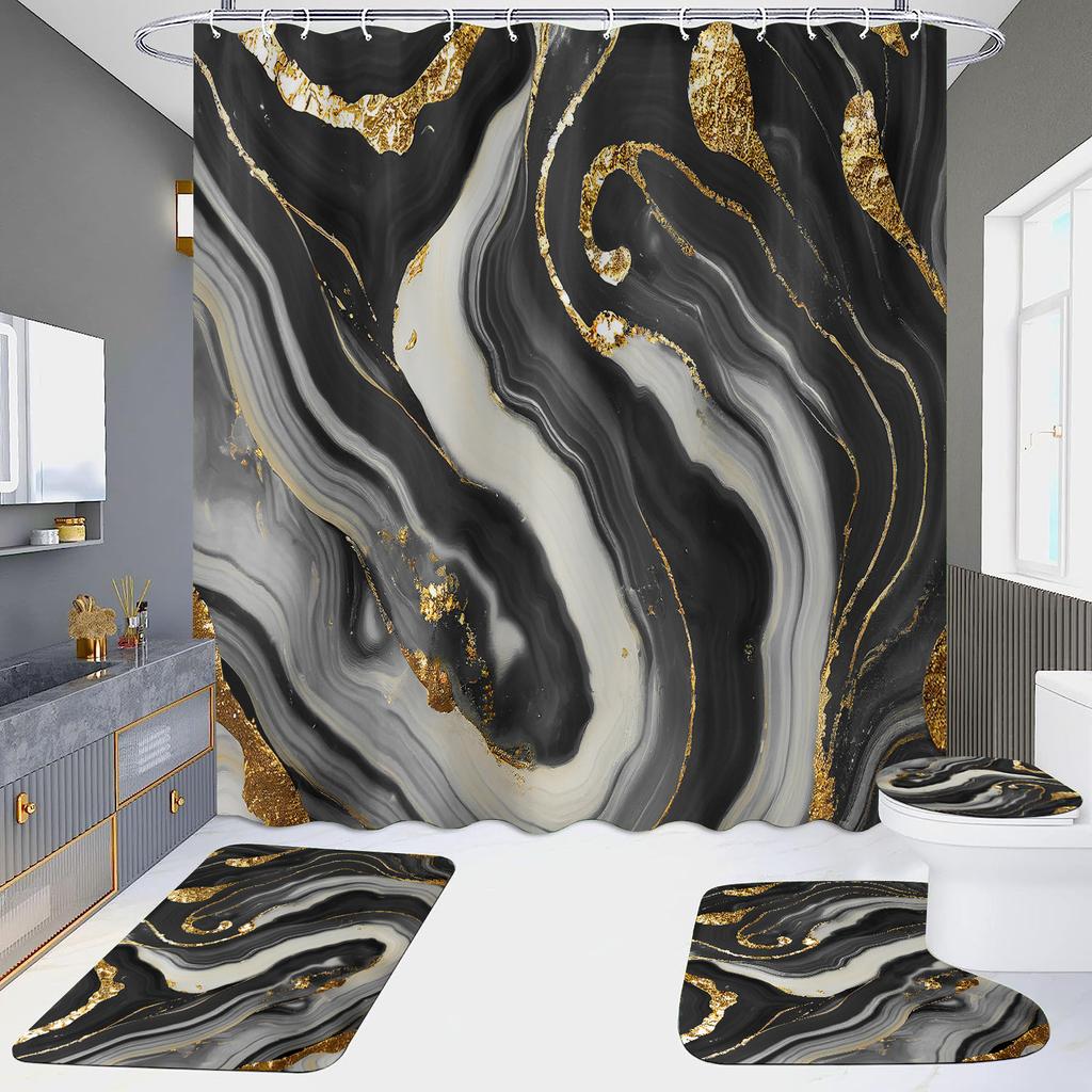 4Pcs Marble Series Shower Curtain Sets for Bathroom Non-Slip Bathroom Rugs Lid Toilet Cover Bath Mat